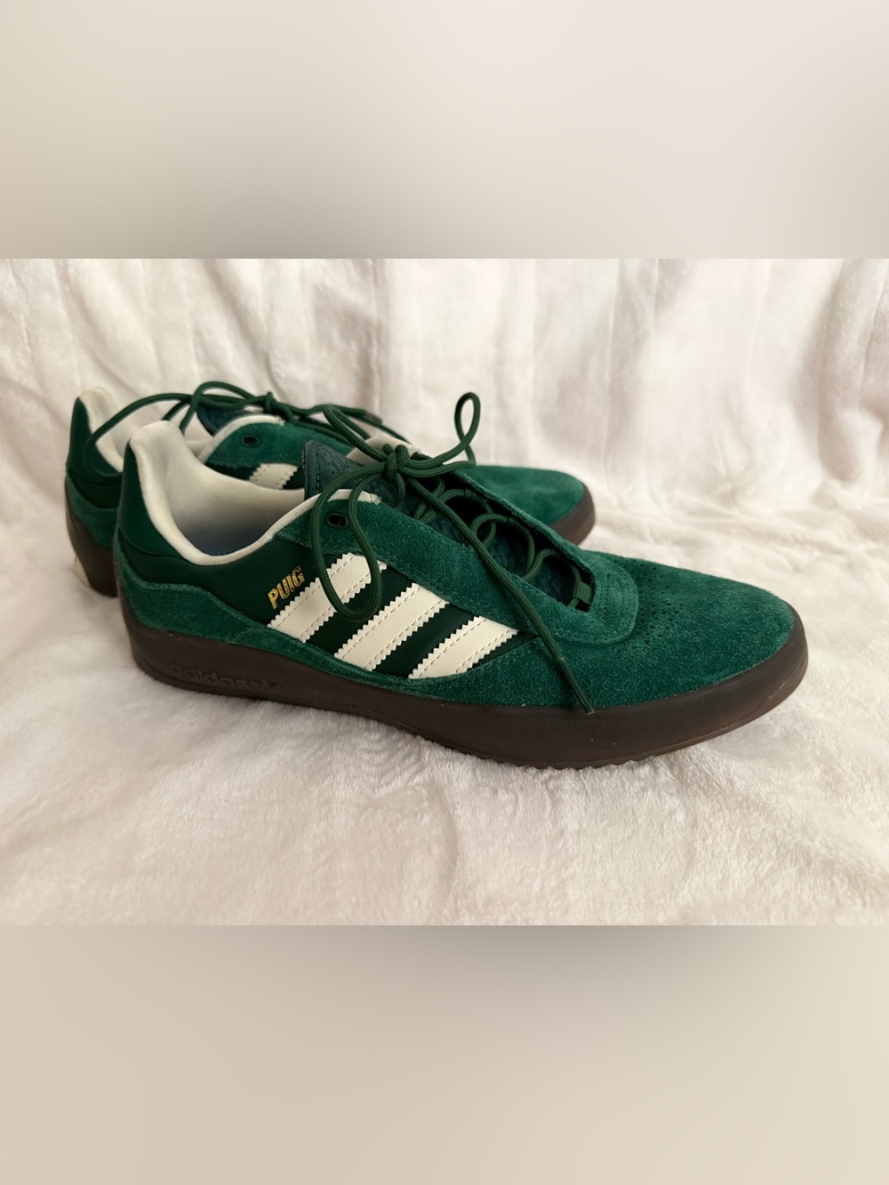 Adidas Puig Green Suede Sneakers with White Stripes